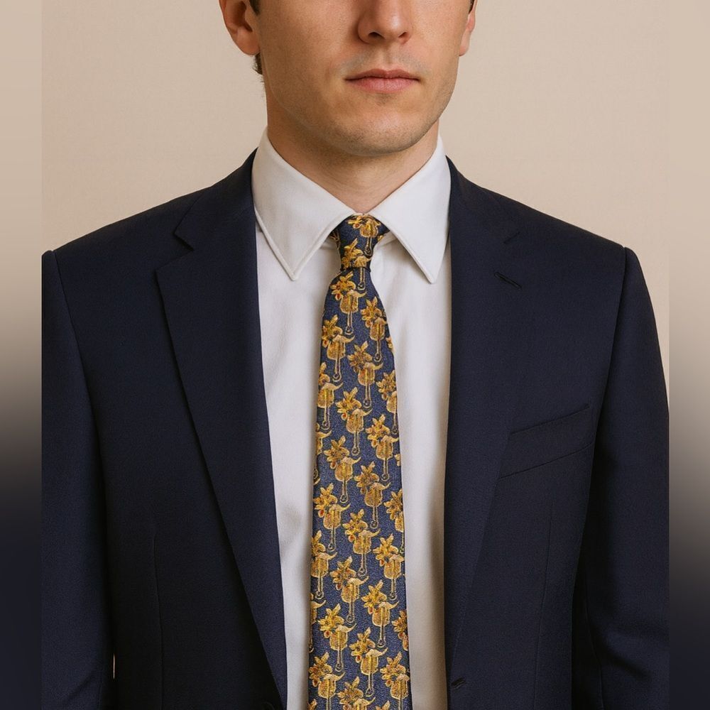 Scappino Italian 100% Silk Necktie Navy Yellow Floral Geometric Print Tie